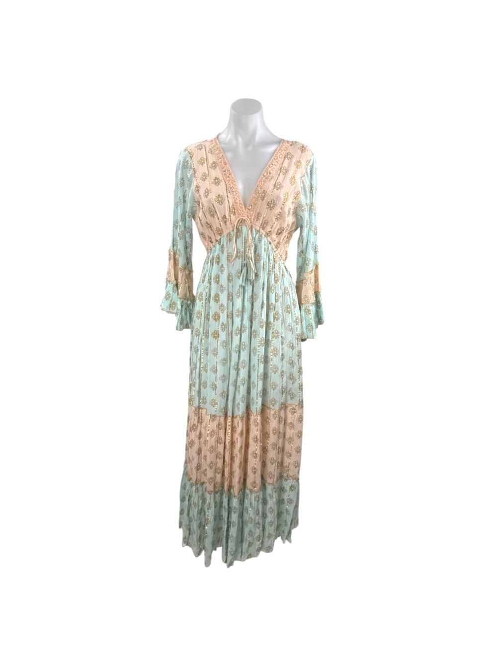 NEW Ananta Blue Long Sleeve Metallic Tapestry Colorblock A Line Maxi Dress L/XL